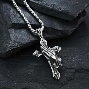 Stainless Steel Praying Hands Cross Necklace Waterproof Non-fading Silver Jewelry Perfect for All Occasions