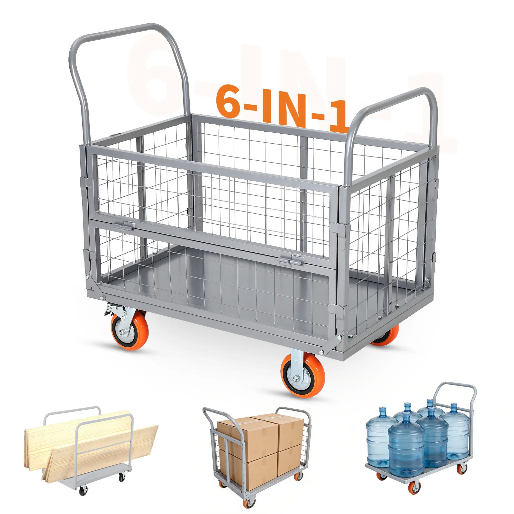 6-in-1 Heavy Duty Platform Truck Cart with Cage, 1800lbs Capacity Folding Flatbed Push Cart Dolly with 4 Wheels for Warehouse, Grocery & Garage