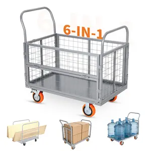 6-in-1 Heavy Duty Platform Truck Cart with Cage, 1800lbs Capacity Folding Flatbed Push Cart Dolly with 4 Wheels for Warehouse, Grocery & Garage