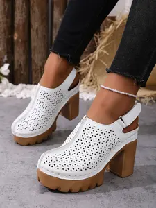 Stylish Casual Summer Geometric Hollow Out Breathable Wood Grain Thick Heels with Adjustable Back Strap, Perfect for Commuting & Vacation, Thick Rubber Sole