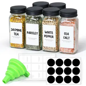 6Pcs 4oz Glass Spice Jars with Shaker Lids, 21 Labels, Trial & Supplement Set, Empty Square Spice Containers for Kitchen Seasoning