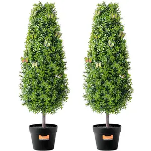 2-Pack 3-Foot Tall Artificial Boxwood Topiary Tree Set For Indoor And Outdoor Use, Weather Resistant UV Protected Faux Plant Decoration For Garden, Patio, Balcony, Lawn, Home Decor, Maintenance-Free, Lifelike Greenery