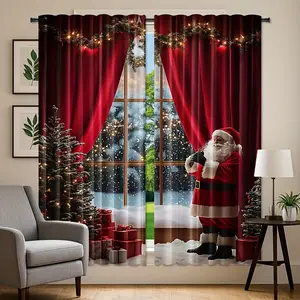 2Pcs, 2D flat, Santa Claus Christmas theme curtains - Christmas red curtains, with snow and decorative trees, modern holiday home decoration, suitable for living room kitchen bedroom home decoration, Christmas decoration, festive atmosphere embellishment.