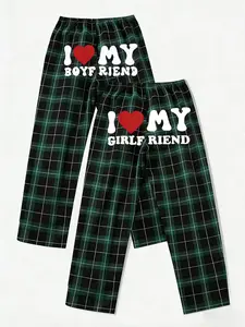 I Love My Boyfriend/Girlfriend Plaid Matching Pajama Pants Set - Soft Breathable Elastic High Waist Trousers, Couple Sleep Pants, Casual Streetwear Plaid Bottoms, Cozy Homewear, Loungewear for Vacation & Daily Wear, Red & Green Plaid