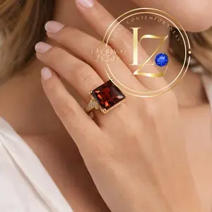 COD#1041  Big Red Stone Ring for Special Occasion with Gold Plated Band and Square Cut Gemstone