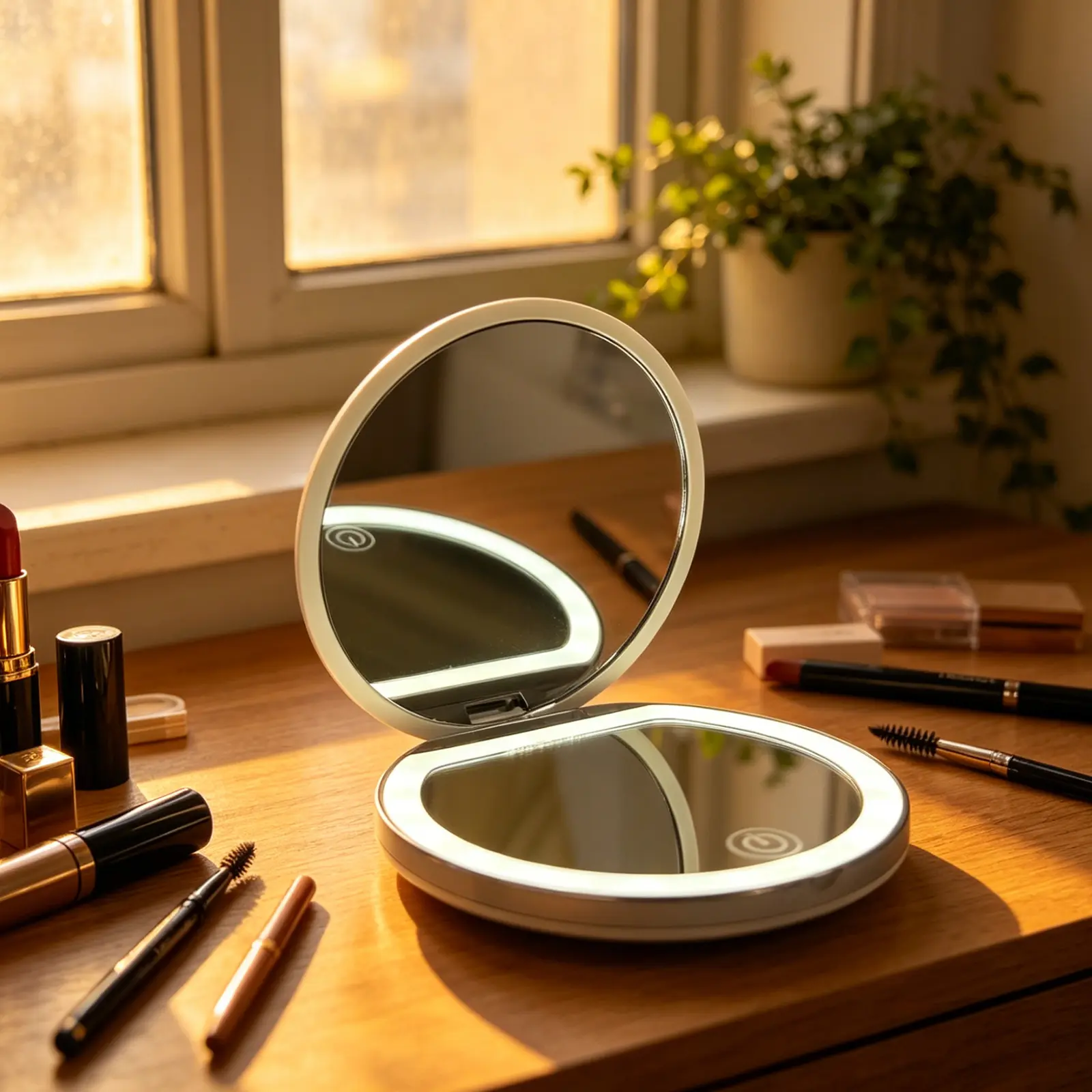 INMTFEI LED Makeup Mirror with 1X/3X Magnification and Customizable LEDs, Round USB-Powered Handheld Compact Mirror for Travel, Portable Vanity, 3-Way Adjustable Compact Mirrors