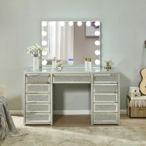 Grace Vanity Set LR-800-White Vintage 11 Drawers Large Capacity Tempered Glass Table LED Dimmable Mirror Bluetooth Speakers Makeup Station