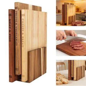 Book-Shaped Cutting Board Set, Teak Material, Four-Piece Kitchen Gift, Labels for Meat, Cheese, Fruits, Vegetables, Perfect for Book Lovers