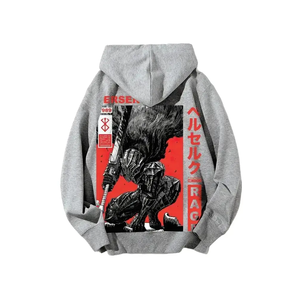 Sweatshirt with Oversized Berserk Anime Graphic Print, Unisex Vintage Streetwear Top, Breathable Cotton Blend, Tops, Sweatshirts, Longsleeves, Piece, Hooded Neck, Preppy