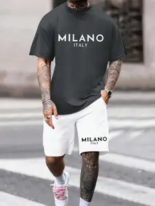 Men's Milano Letter Print Casual Fashion Set, Summer Sport Round Neck Short Sleeve Top & Drawstring Shorts Two-Piece Suit