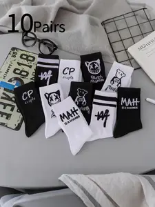 10 Pairs Couple Trendy Socks, Style Sports Student Basketball Letter Cartoon Mid-Calf Socks, Unisex Comfortable Soft Streetwear
