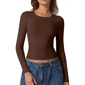 Womens Crewneck Long Sleeve Shirt Double Lined Basic Tees Side Ruched Going Out Crop Tops