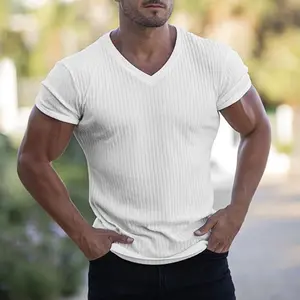 Deep V Neck T Shirt for Men Low Cut Vneck Wide Vee Tee Male Tshirt Invisible Undershirt Model Scoop Hem Slim Fit Short Sleeve(Sheets)
