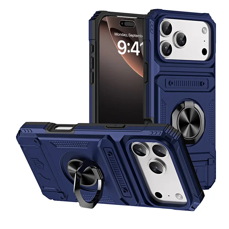 New Super Shockproof Waterproof iPhone 17 Pro Max 16 15 14 13Plus Air Case with Rotating Stand Card Slot Anti Slip Bumper Luxury Black 360° Rotating Stand Hidden Card Holder Phone Case
