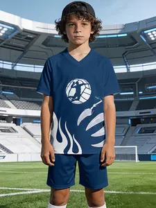 Navy Blue Flame Volleyball Set, V-neck Sports Short Sleeve and Shorts Set, 100% Polyester, Casual and Loose Fit, Stylish and Fun Printed Patterns for Summer. Ideal for Summer Outdoor Physical Activities and Daily Casual Wear, Perfect Gift for Boys.