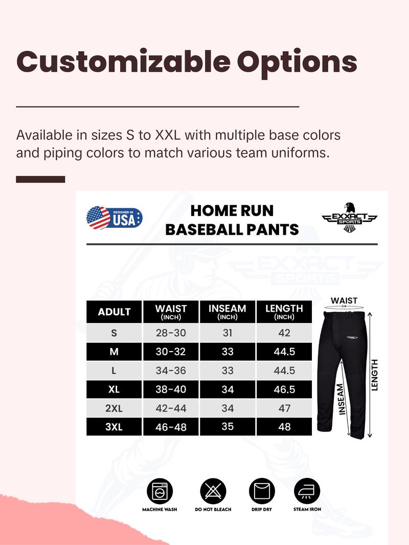 Exxact Sports Homerun Mens Baseball Pants - Full Length Baseball Pants Mens with Piping, Semi-Relaxed Open Bottom Pants (Gray / Navy Piping)