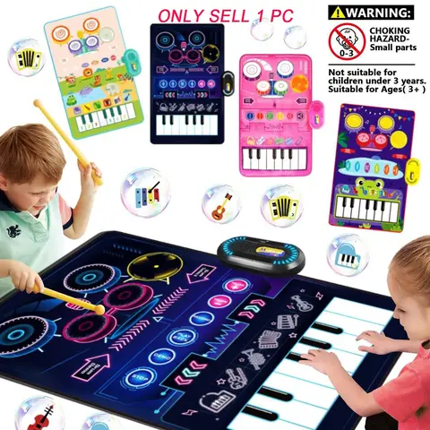 Interactive 2-in-1 Youngsters Musical Play Mat & Drum Set - Educational Piano Keyboard Toy with Colorful Sound Bubbles, Dual Instruments for Youngsters, Durable Polyester, Battery Operated, Random Vibrant Colors, Musical Toys, Dance Mat