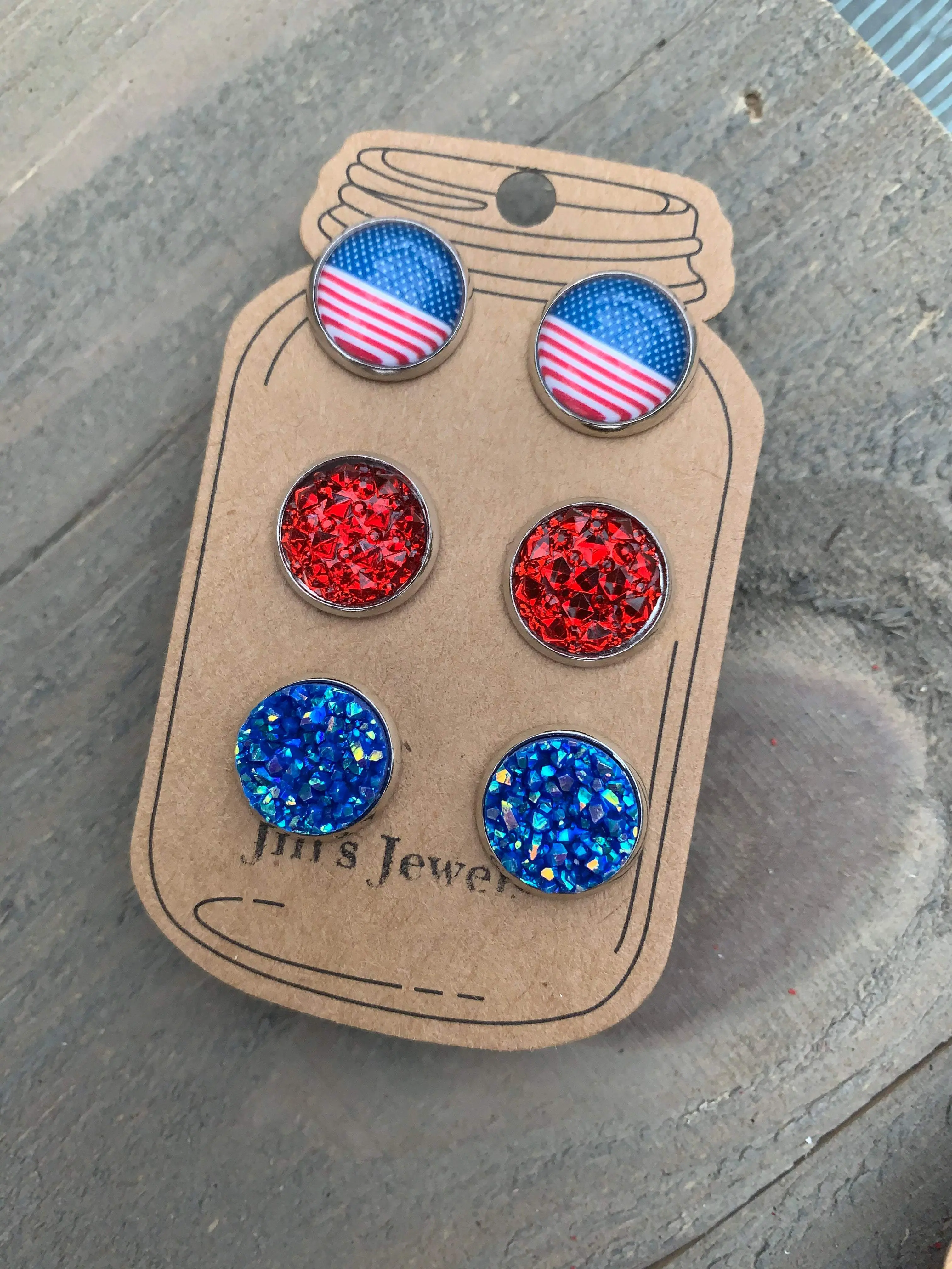 Red White and Blue USA Faux Druzy Earring 3 Set