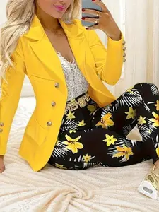 Fashion Print Blazer & Pants Set for Women - Stretchy Polyester-Spandex Blend, Machine Washable - Perfect for Spring/Fall