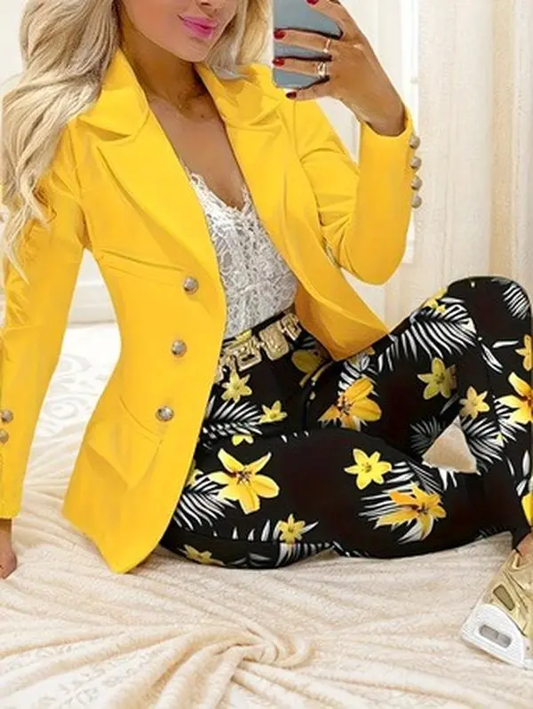 Women's 2-Piece Fashion Print Blazer & Trouser Set - Button Style, Stretchy Polyester-Spandex Blend, Lady-Fit, Machine Washable, Ideal for Spring-Fall, Elegance, Long Sleeve