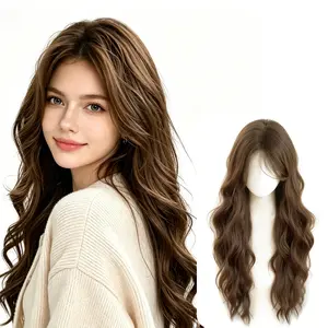 Women's non adhesive synthetic wig, stylish cool brown long curly hair, adjustable head circumference, easy to wear, simulated scalp on top for a natural and realistic look, instantly transforms you into a fashionable and beautiful girl