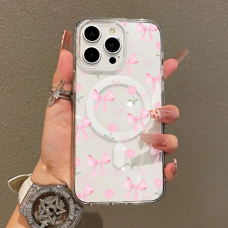 Magnetic Soft TPU Silicone Smartphone Case & Cover, MagSafe-Compatible Protective Casing for iPhone 11-17 Pro/Pro Max, Bows & Pink Flowers Collage, Springtok Aesthetic, Lightweight Shock-Resistance Anti-Scratch Accessory