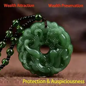 Green Jade Pixiu Dragon Pendant Necklace Unisex Lucky Amulet