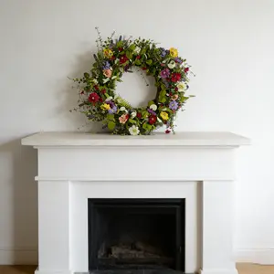 Country Farmhouse Style Wildflower Wreath, Vibrant Multi-Color Flowers with Eucalyptus Leaves and Ferns, All Seasons Decorative Wreath