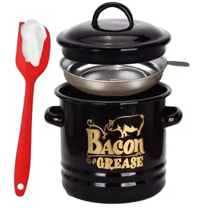Bacon Grease Container with Strainer & Food-Grade Silicone Spatula, 46oz Large Enamel Rustic Farmhouse Fat Container, Keeper, Dishwasher Safe