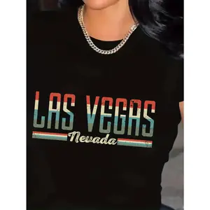 Las Vegas Nevada Graphic T-Shirt for Women - Casual Polyester Knit Fabric, Geometric Pattern, All-Season Short Sleeve Crew Neck Top - Premium 180g Black Cotton Round Neck Short Sle