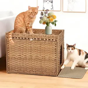 Handwoven Rattan Cat Litter Box Enclosure - Large Indoor Furniture with Mat & Fence, Hidden Litter Solution for Living Room