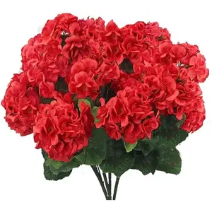 Outdoor-Rated Red Artificial Geranium Bush, Realistic Silk Flowers for Porch, Garden & Cemetery Decor, All-Weather Faux Plant