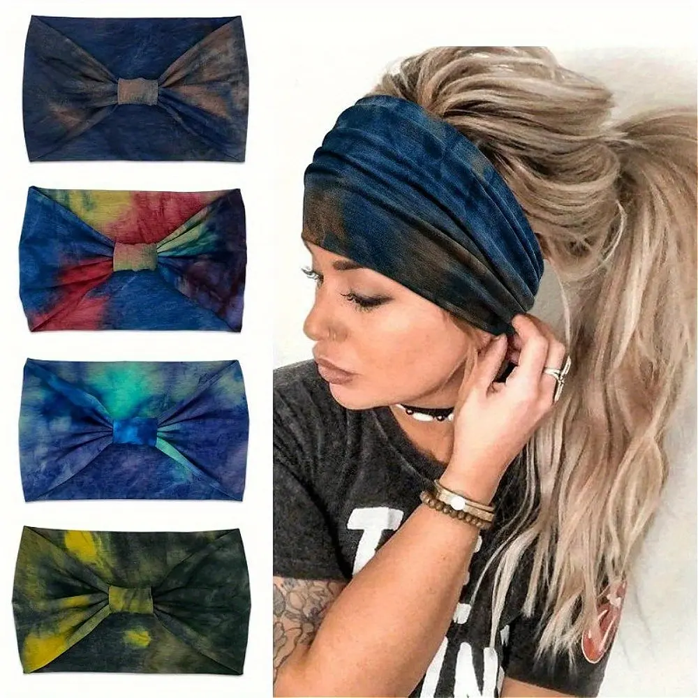 4 Pack Tie Dye Headbands for Women, Knotted Wide Hair Accessory Kit, Stretchy Non-Slip Polyester Blend for Yoga & Casual Fashion, Adjustable Headband, Affordable Fashion, Thick Headbands