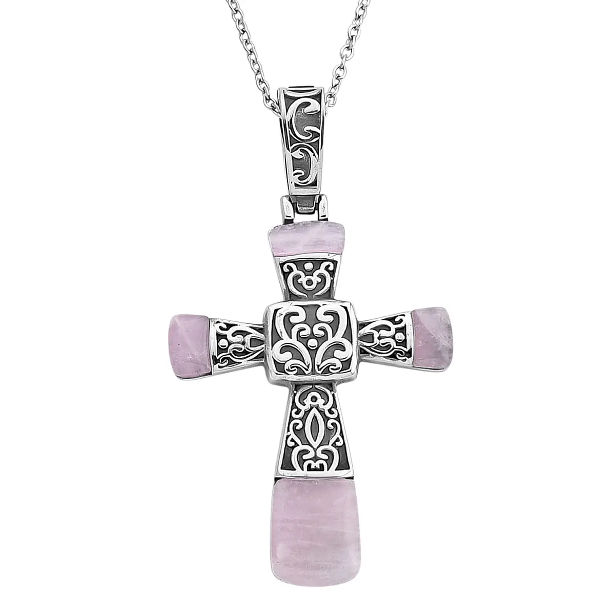 Rose Quartz Inlay Cross Pendant Necklace (24 Inches) in Stainless Steel 6.00 ctw
