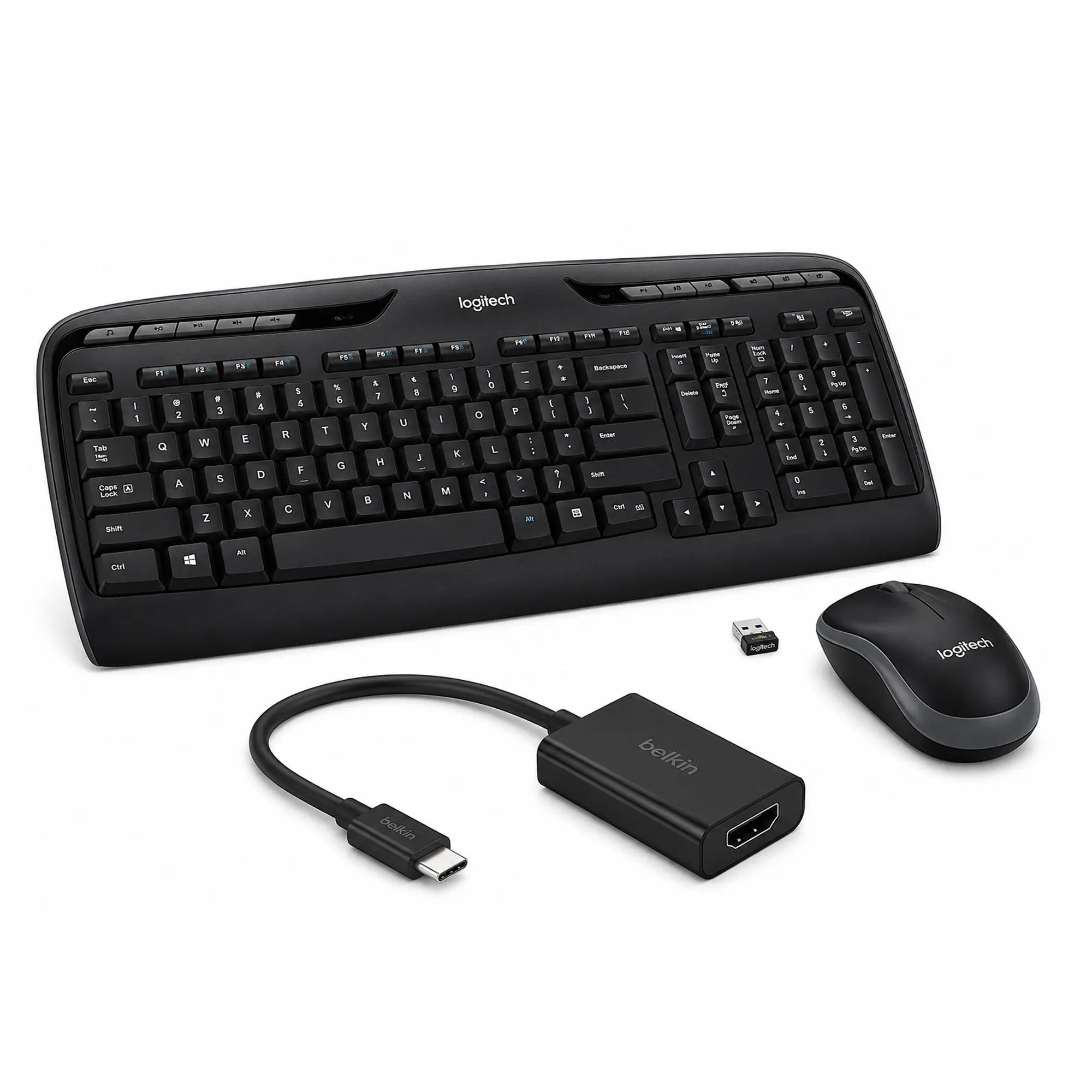 Logitech MK320 Full-Size Wireless Keyboard and Mouse Combo Bundle, Includes Belkin USB-C to HDMI 4K 60Hz Converter (Model F2CU038BTBLK), Mk320 Bundle