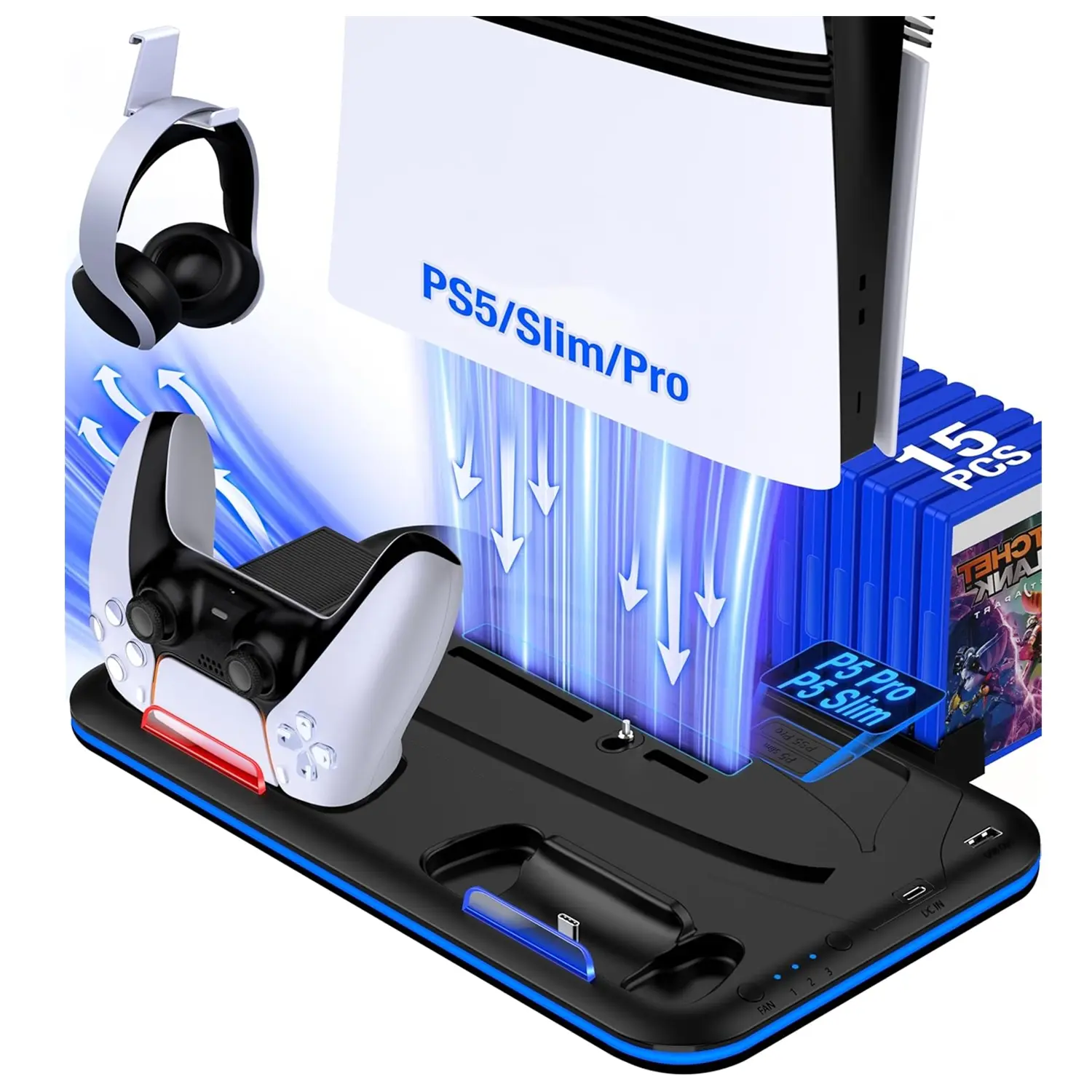 PS5/Slim/Pro Vertical Stand and Cooling Station for PlayStation 5 Consoles, PS5/Pro/Slim Accessories with 3-Level Cooler Fan, PS5 Controller Charger, Cooling Satnd, Headset Holder, 15 Game Slots, Light, Electronic Gadgets