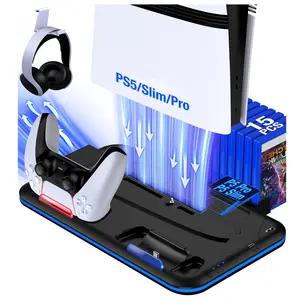 PS5/Slim/Pro Vertical Stand and Cooling Station for PlayStation 5 Consoles, PS5/Pro/Slim Accessories with 3-Level Cooler Fan, PS5 Controller Charger, Cooling Satnd, Headset Holder, 15 Game Slots