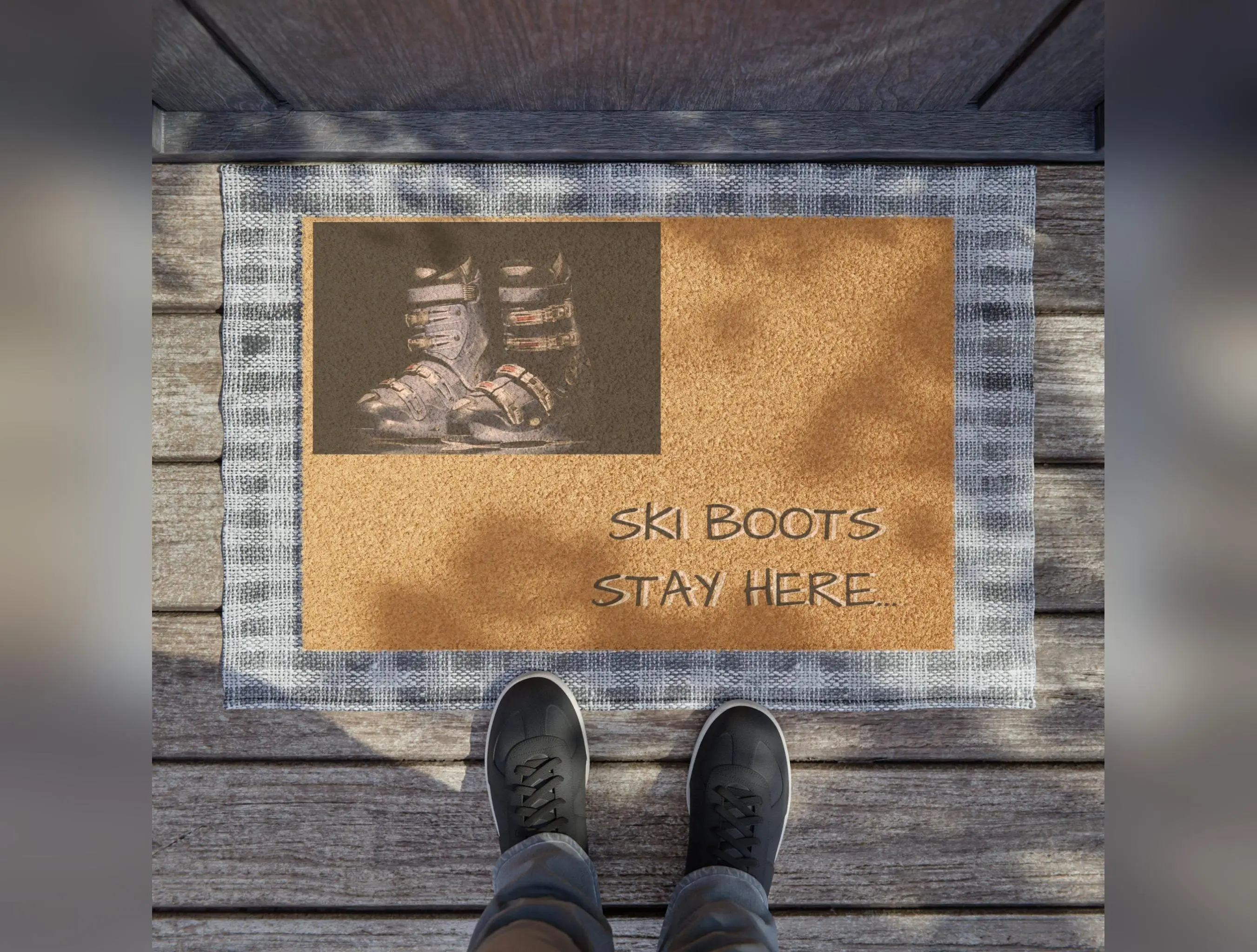 "Ski Boots Stay Here" Doormat, Ski Rug, Winter Cabin Decor, Ski Lodge Area Rug, Rustic Home Accent, Front Door Mat, Ski Mat, Ski Boot Mat, Winter Decor, Best Gift Ever