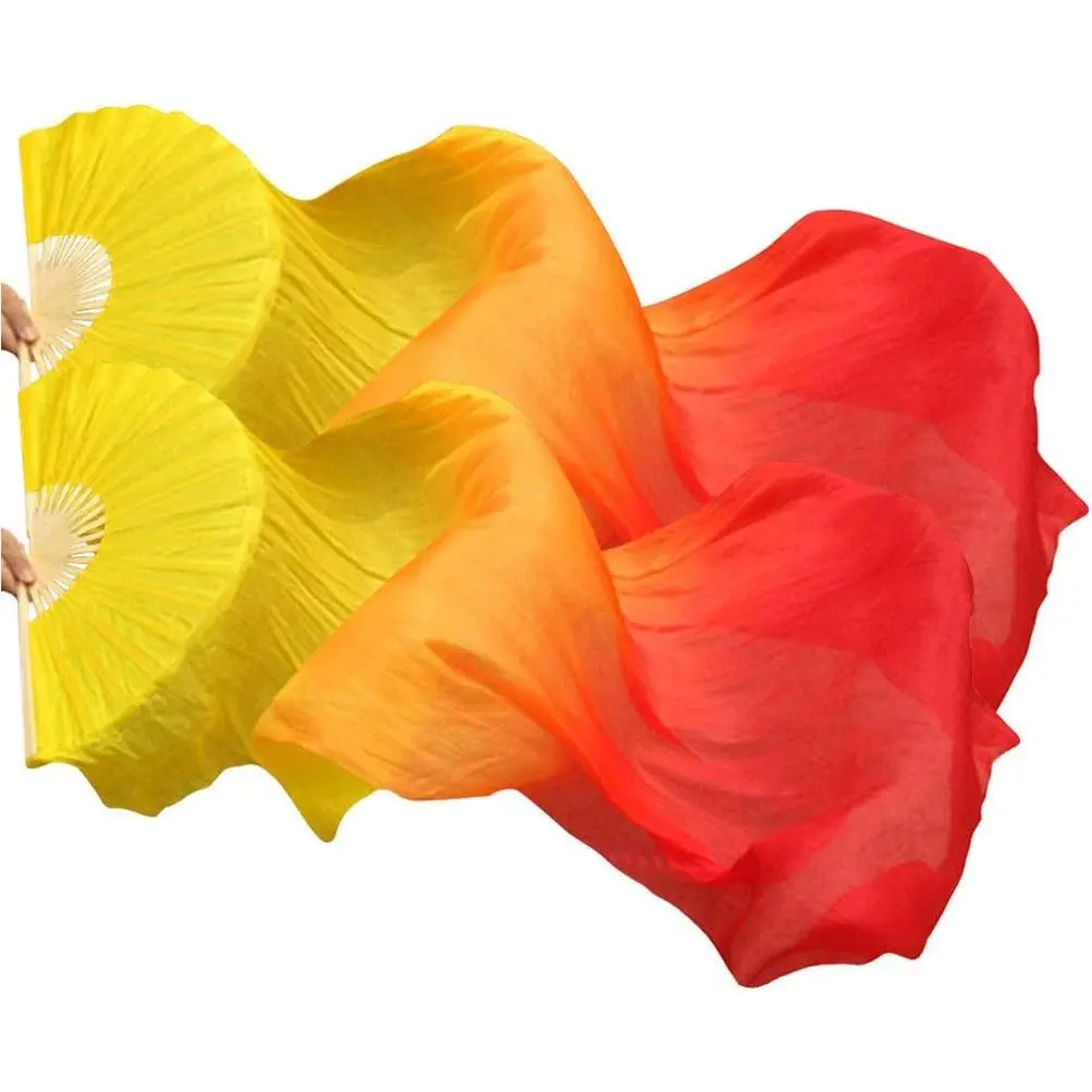 Handmade Real Silk Fan Veils (1 Pair), 180cm Tie-Dye Bamboo Fans for Women's Belly Dancing, Left & Right Hand Stage Props