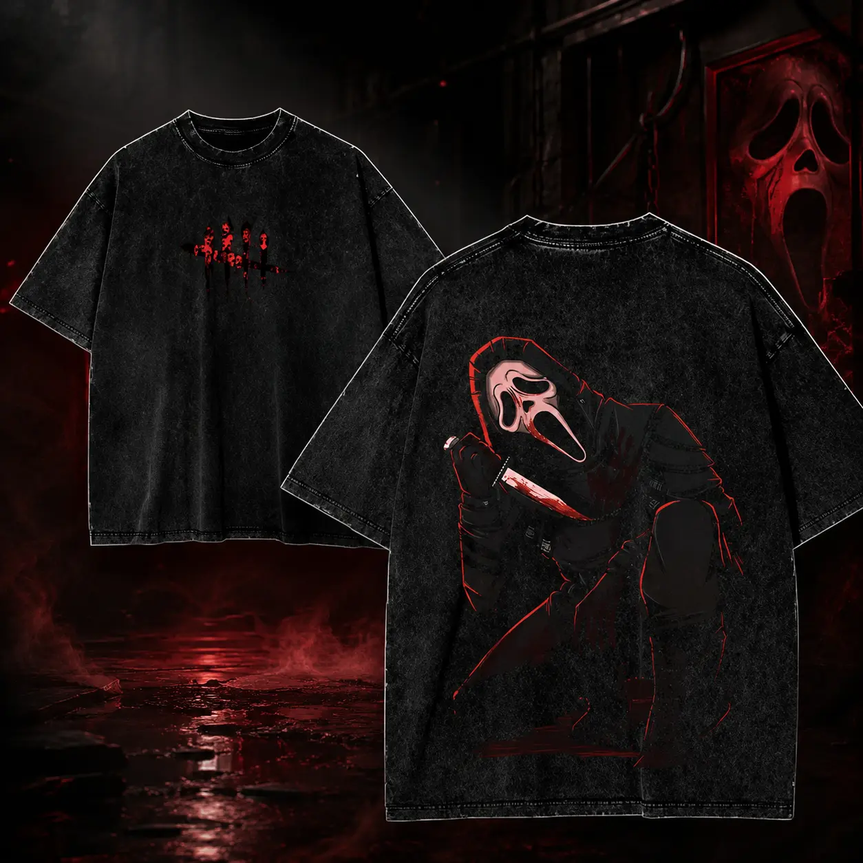 Dead By Daylight Ghost Face Tee – Washed Cotton Menswear Top | Smooth Streetwear Prints for Man, Casual Classic Gaming Style Crewneck Crewneck T-Shirt Fabric Oversized Seamless Black Round Neck Alternative Ghostface Graphic Halloween Love Minimalist