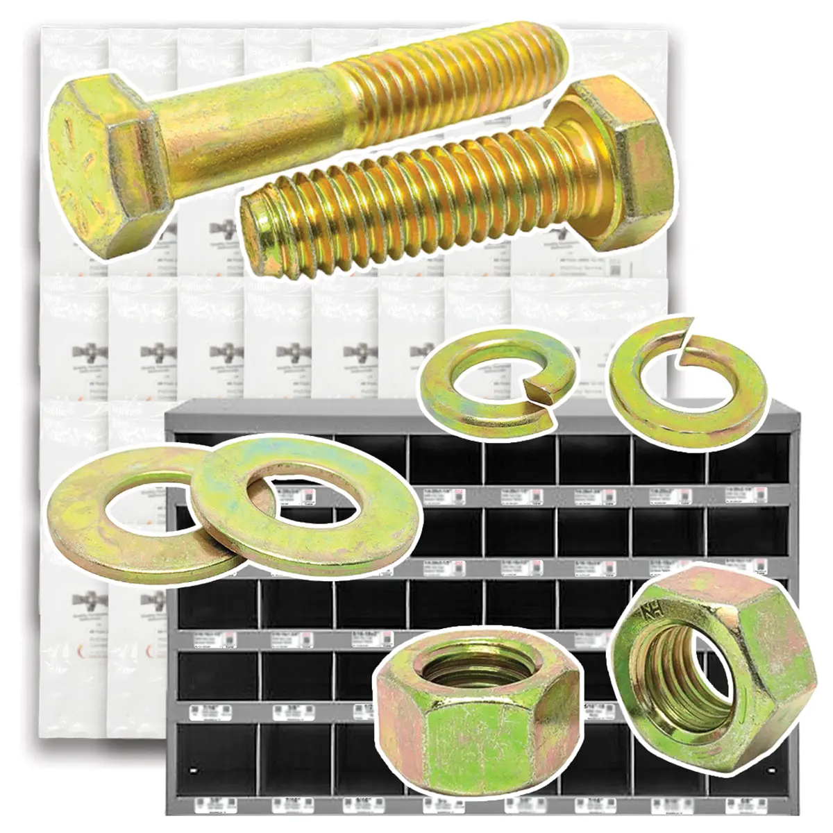 Inch Grade 8 Coarse Hex Cap Screws, Hex Nuts, Flat & Lock Washers Zinc Yellow USA Made Hardware - 2012 PCS