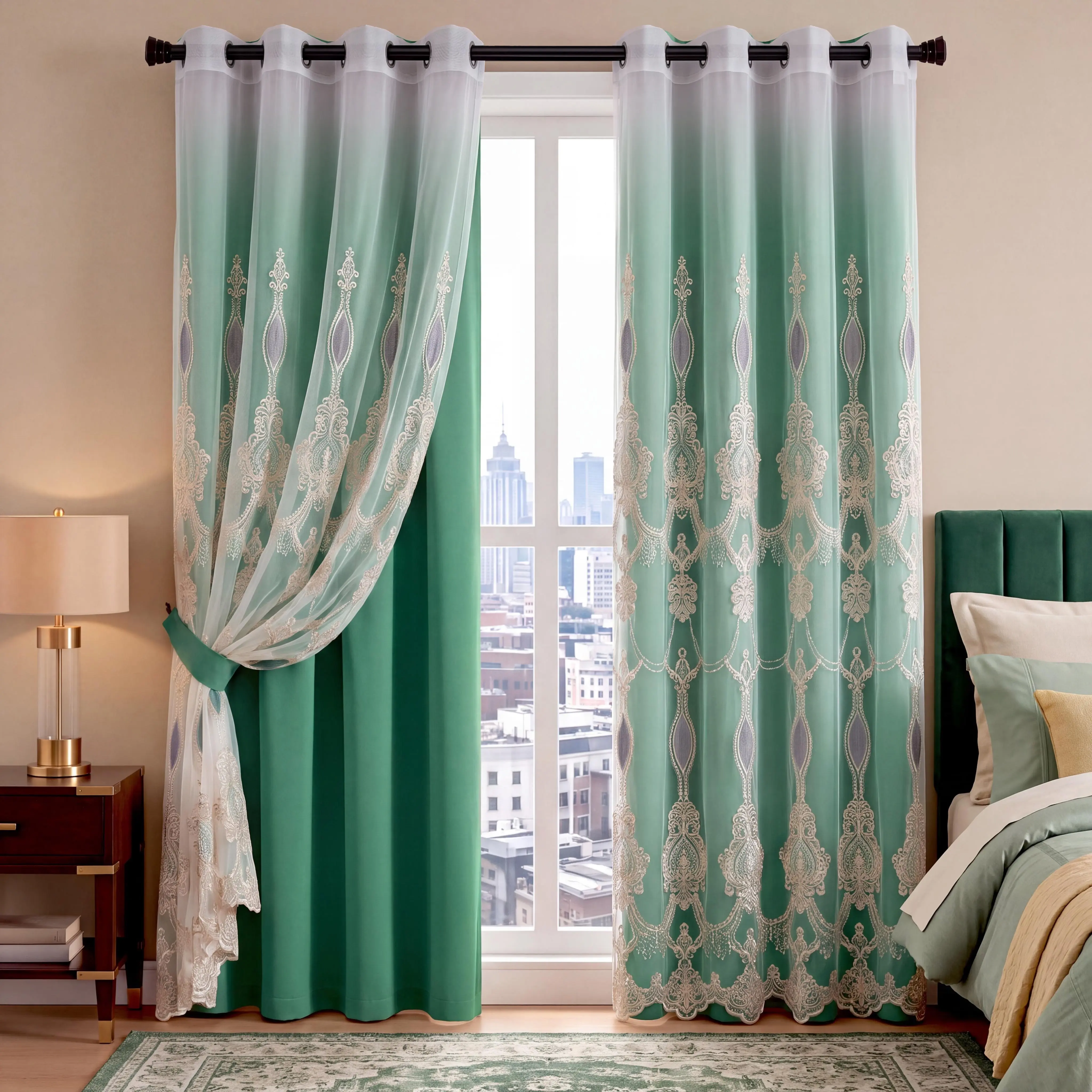4-Panel Set 52"x84" Grommet Blackout & Sheer Curtain Combo, Flat Weave Drapes with Wedding-Style Embroidered Tulle Mesh Sheer & Solid Panels, Custom Mix & Match Colors, Thermal Insulated for Living Room Bedroom, QF222 QF75, Black Friday Holiday Home Deals