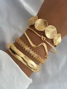 Vintage Bold Geometric Wide Metal Bracelet Set, Trendy Stack Bangle, Elegant Plain Design, Perfect for Daily Wear and Gifting, Copper Chain Material, Stackable Bracelets, Fashionable Chunky Bangles