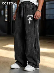 Men's Spring Fall Retro Straight Leg Sweatpants, Loose Fit American Style Wide Leg Casual Pants, Streetwear Print Design, Logo Sweatpants, Daily Sport, Casual Sportswear Pants, Casual Sporty Pants
