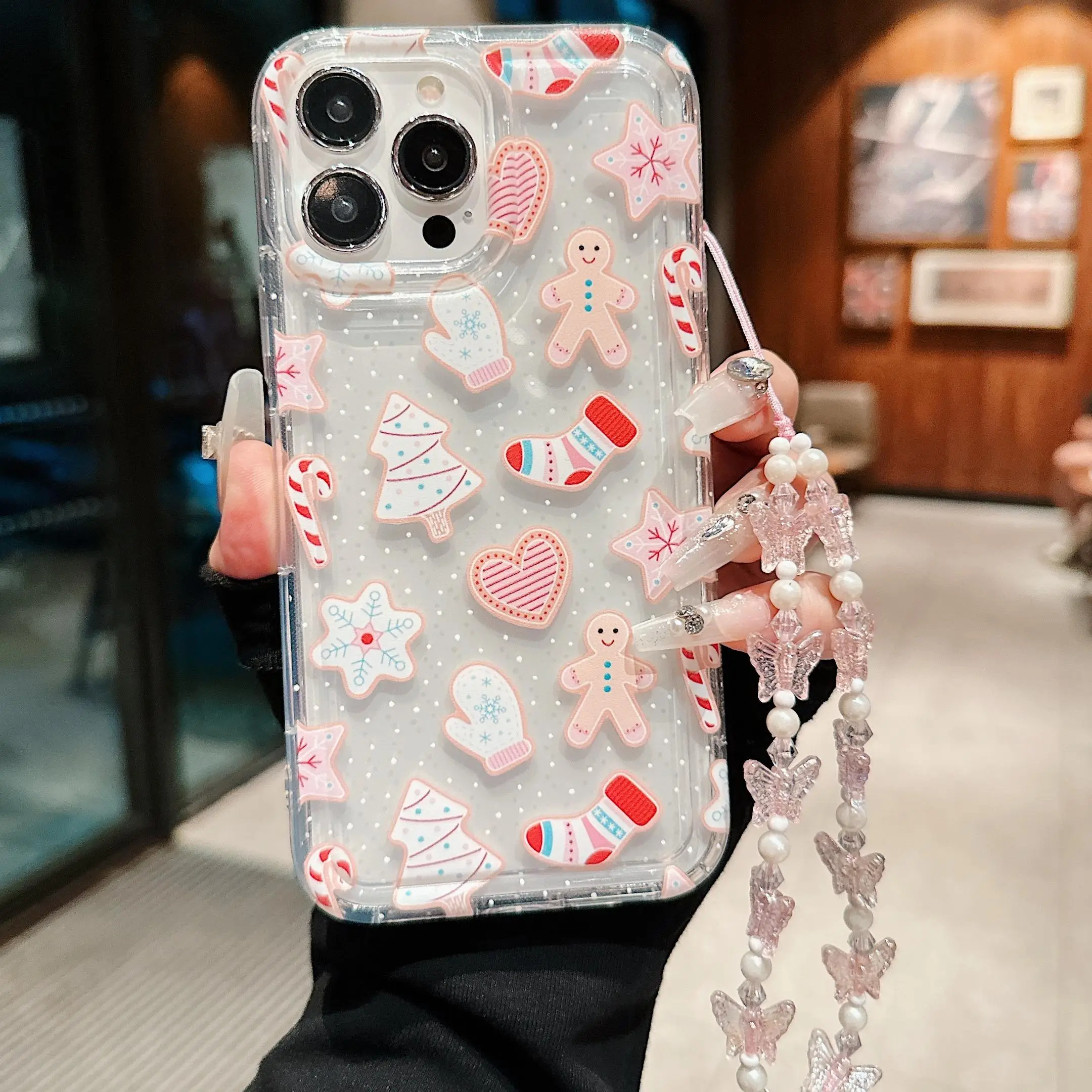Creative Christmas Pattern Decorative Phone Case for iPhone 15 Pro Max 15 Pro, Anti-drop Phone Protector Cover with Lanyard, Phone Accessories Compati