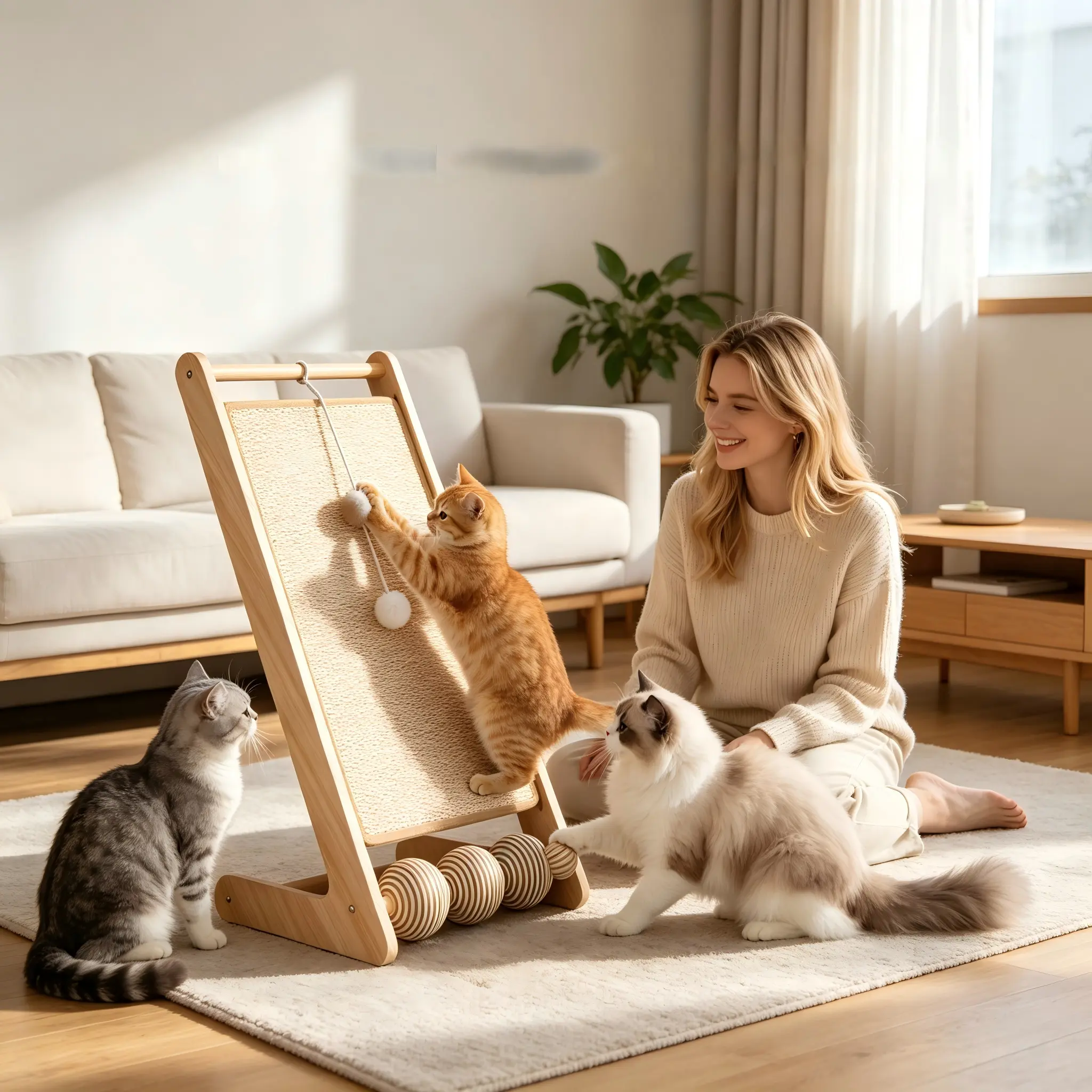 Wooden Cat Scratcher with Hanging Ball 3 Rolling Balls Sisal Scratching Board L-Shaped Cat Toy Indoor Furniture Multi-Function