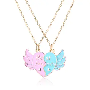 BFF Necklace for 2, Angel Wings Best Friend Necklaces, Valentines Day Gifts Split Heart Rhinestone Friendship Necklaces Engraved Pendant