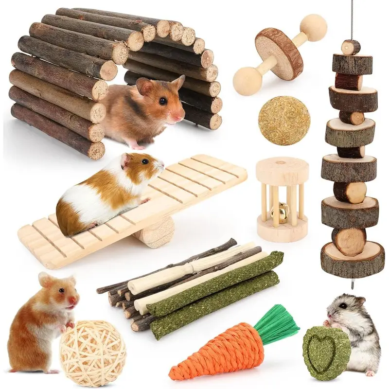 Hamster Cage Accessories, 12 Different Chew Toys for Guinea Pig, Chinchillas, Gerbils, Mice, Rats, Mouse, Rabbit, Bunny Hideout Seesaw, Natural Molar Tools