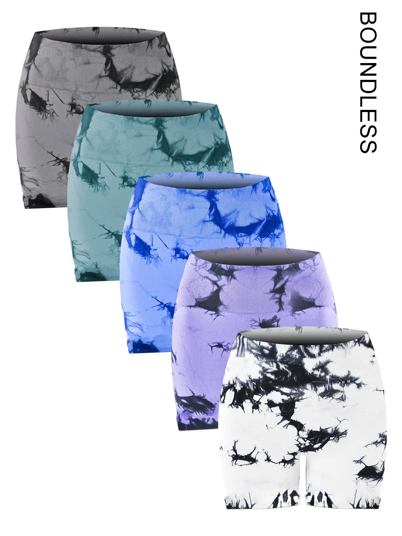 Women's 5-Pack High Rise Tie-Dye Yoga Shorts - Seamless Synthetics Activewear, UV-Reactive Dyes, 4-Way Stretch Squat-Proof Fabric for Gym, OOTD Inspiration, Pool Parties, Music Festivals, Female, Fade-Proof, Nylon, Athletic, Psychedelic, Hand Dyed