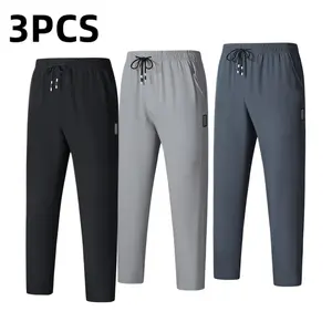 Men’s 3-pack breathable quick-dry long pants, straight-leg sports casual pants, drawstring elastic waist pants, outdoor running pants, lightweight summer athletic pants
